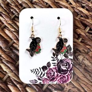 New Handmade Gold-Tone "Raven with Crescent Moon and Roses" Dangle Earrings